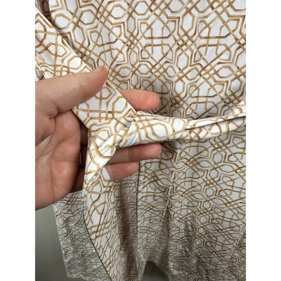 J. McLaughlin Gilchrist Belted Shirt Dress Size M Tan White Geometric Catalina - Picture 3 of 9